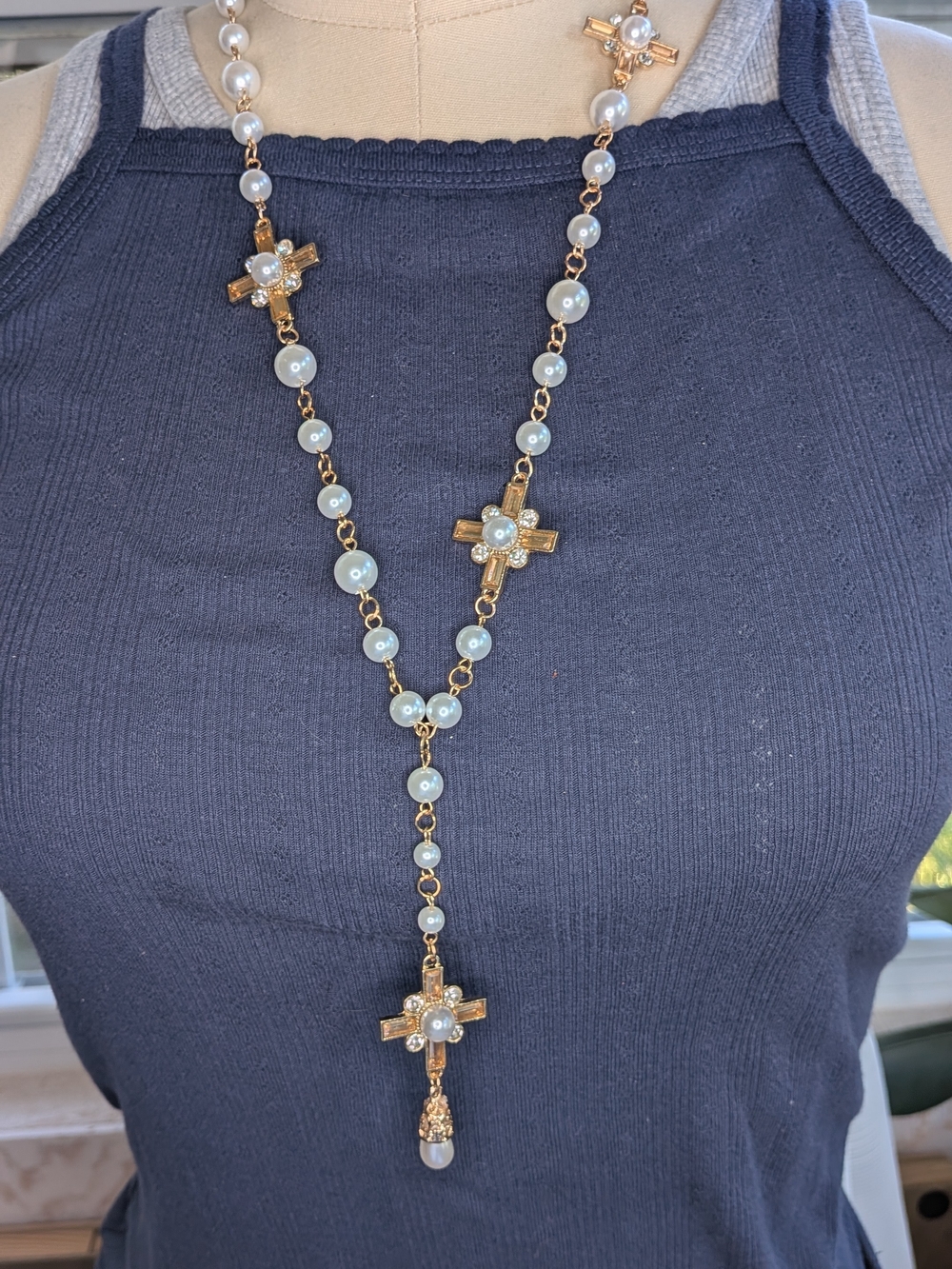 Gold Tone Faux Pearl Rhinestone Cross Station Rosary Y-Necklace Lariat